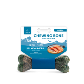 Natural chew bone with salmon, krill and New Zealand mussel – ideal for healthy skin, coat, joints and immunity  
 
 source of omega-3 and... PREMIUM SELECTION chewing bone OMEGA