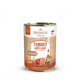 Complete, grain-free wet food for puppies with turkey and veal.   
 Key features:  
 
 dual-protein formula 
 high meat content 
 added... Premium Selection - turkey with veal - wet food
