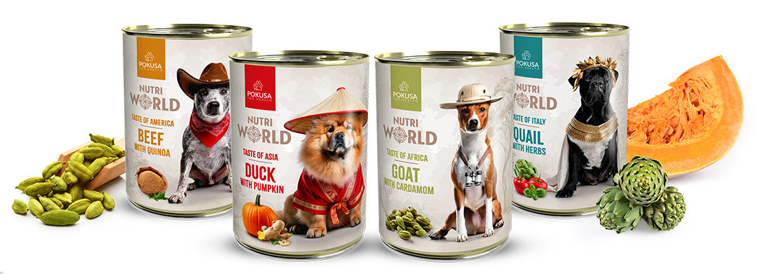 Puszki karmy Nutri World z różnych regionów świata